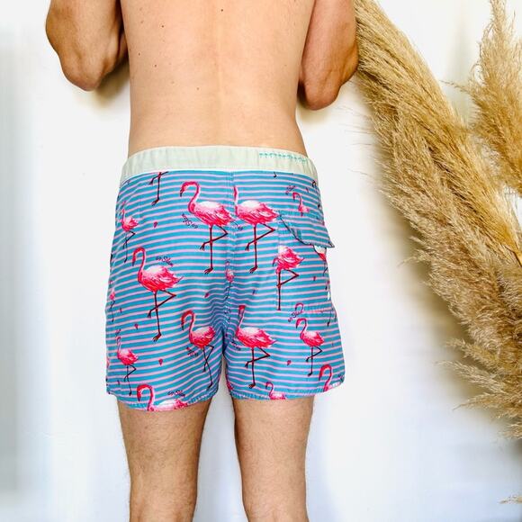 MENS 69 SLAM Blue White Striped Flamingo Print Swimsuit Swim Trunks Shorts 34 L - Picture 4 of 9